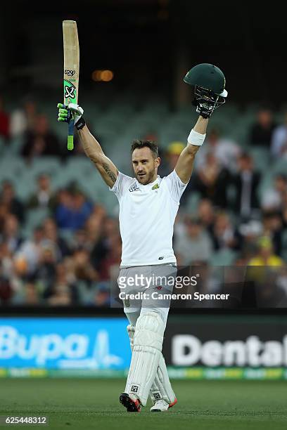 Faf du Plessis of South Africa celebrates after scoring a century during day one of the Third Test match between Australia and South Africa at...