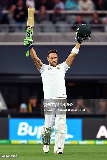 Faf du Plessis of South Africa reacts after reaching his century during day one of the Third Test match between Australia and South Africa at...