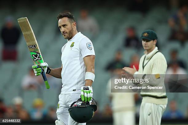 Faf du Plessis of South Africa celebrates after scoring a century during day one of the Third Test match between Australia and South Africa at...