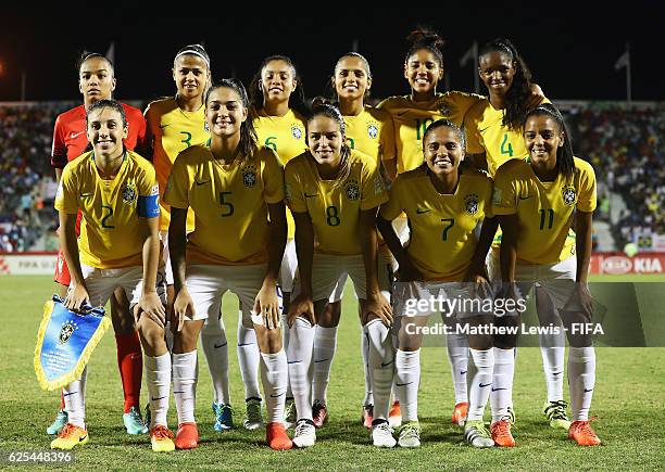 Brazil line up against Japan during the FIFA U-20 Women's World Cup Papua New Guinea 2016 Quarter Final match between Japan and Brazil at the...