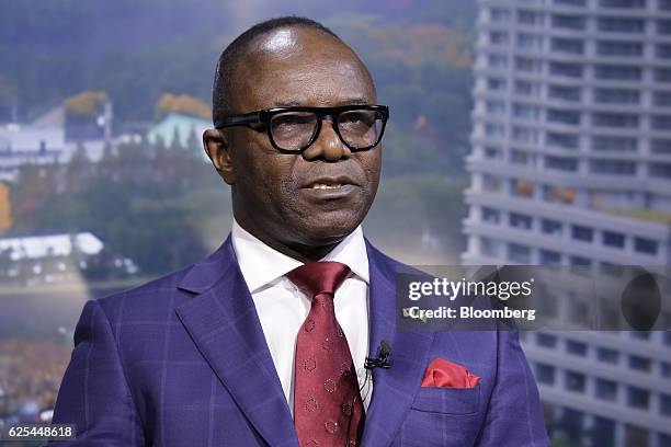 Emmanuel Kachikwu, Nigeria's petroleum and resources minister, speaks during a Bloomberg Television interview on the sidelines of the LNG...