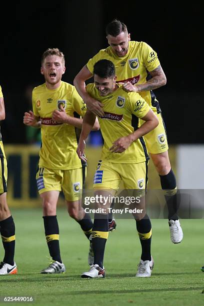 Harry Ascroft of the Mariners celebrates a goal with team mate Roy O'Donovan during the round eight A-League match between the Central Coast Mariners...