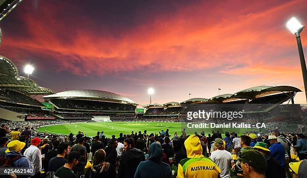 General view of play at sunset during day one of the Third Test match between Australia and South Africa at Adelaide Oval on November 24, 2016 in...