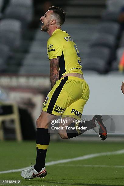 Roy O'Donovan of the Mariners celebrates a goal during the round eight A-League match between the Central Coast Mariners and the Perth Glory at...