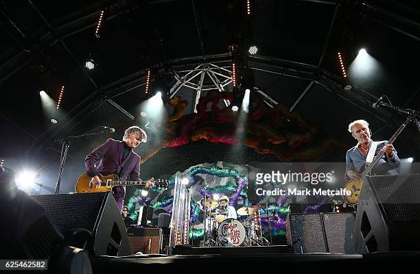 Neil Finn, Matt Sherrod and Nick Seymour of Crowded House perform on stage during the 'Encore' tour at Sydney Opera House on November 24, 2016 in...