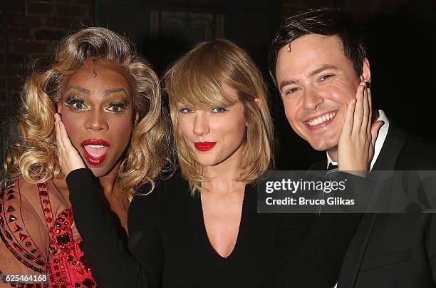 Todrick Hall as "Lola", Taylor Swift and Aaron C Finley as "Charlie" pose backstage at the hit musical "Kinky Boots" on Broadway at The Al Hirschfeld...