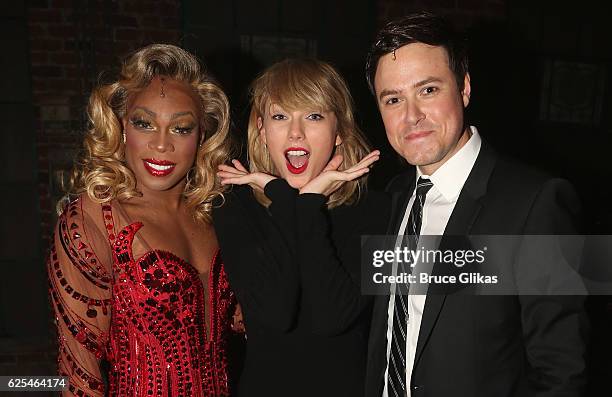 Todrick Hall as "Lola", Taylor Swift and Aaron C Finley as "Charlie" pose backstage at the hit musical "Kinky Boots" on Broadway at The Al Hirschfeld...