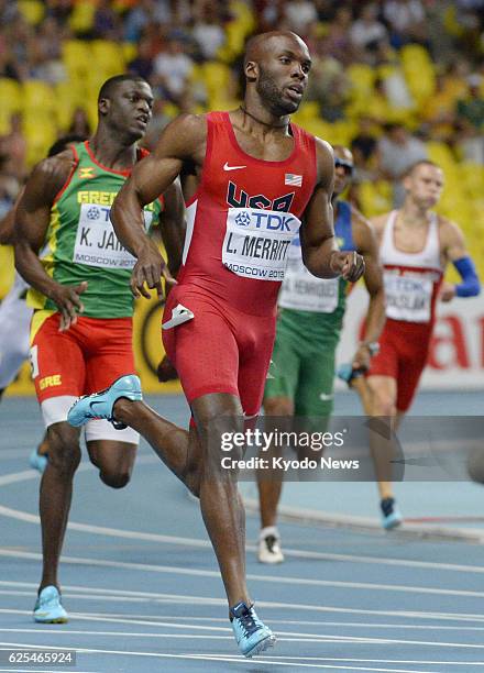 Russia - LaShawn Merritt of the United States runs in the men's 400 meters final at the world athletics championships in Moscow on Aug. 13, 2013....