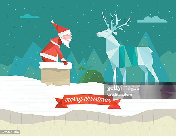 santa claus in the smoke stack with reindeer on roof - polygon illustration christmas stock illustrations