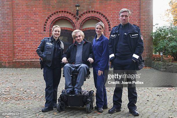 Samuel Koch and his wife Sarah Elena Timpe , Wanda Perdelwitz and Peter Fieseler attend a photo call of the TV show 'Grossstadtrevier' on November...