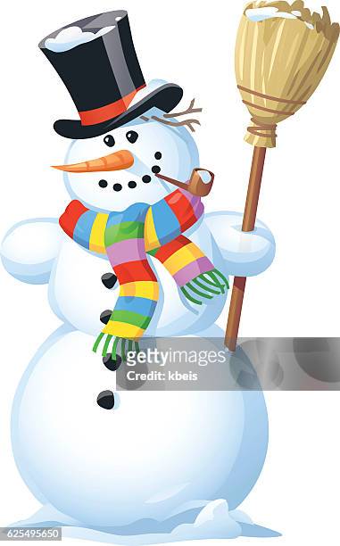 schneemann mit besen - snowman stock-grafiken, -clipart, -cartoons und -symbole
