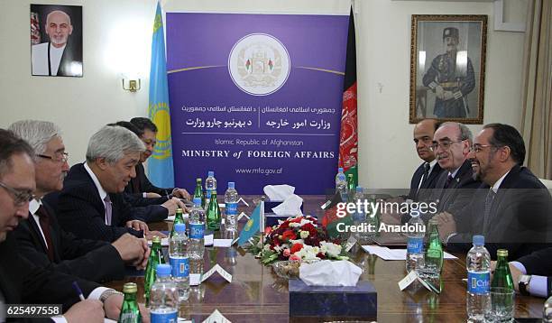 Minister of Foreign Affairs of Afghanistan, Salahuddin Rabbani and Minister of Foreign Affairs of the Republic of Kazakhstan, Erlan Idrissov hold an...