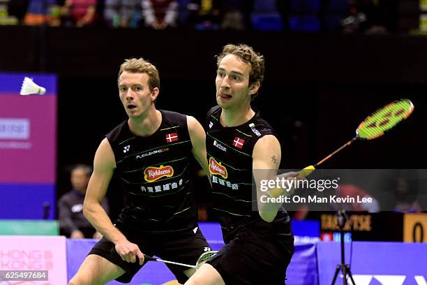 Mathias Boe and Carsten Mogensen of Denmark in action against Hendra Aprida Gunawan and Markis Kido of Indonesia during Men's Double of Yonex-Sunrise...