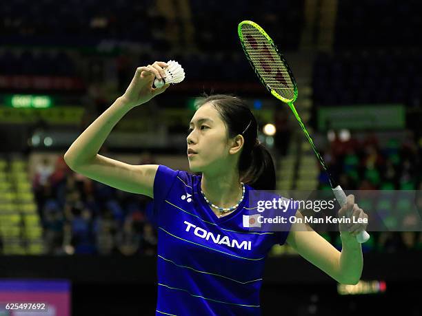 Aya Ohori of Japan in action against Linda Zetchiri of Bulgaria in Women's Single during Yonex-Sunrise Hong Kong Open Badminton Championships 2016...