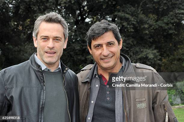 Emilio Solfrizzi and Massimo Poggio attend 'L'Amore Rubato Photocall' on November 23, 2016 in Rome, Italy.