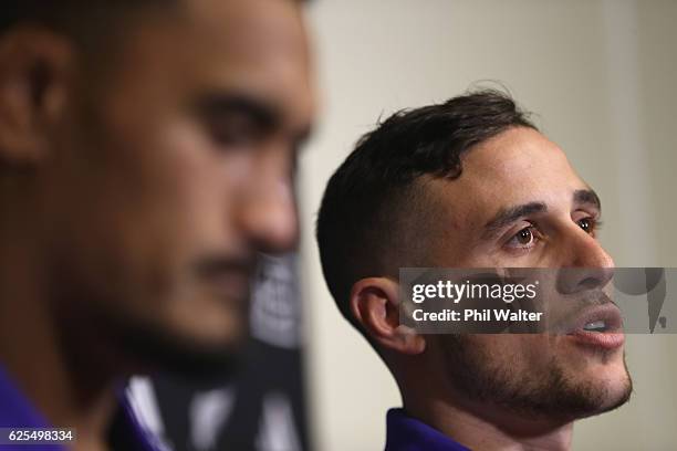 Perenara of the New Zealand All Blacks speaks alongside Jerome Kaino during a press conference at the Movenpick Hotel on November 24, 2016 in Paris,...