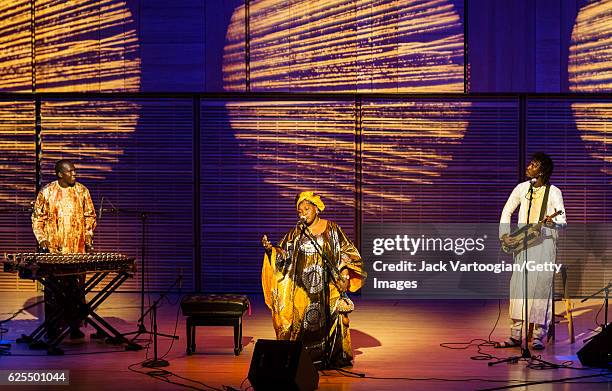 Malian group Trio Da Kali perform onsatge during a concert presented by Carnegie Hall and Robert Browning Associates at Carnegie Hall's Zankel Hall,...