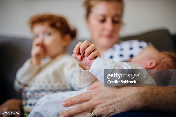 affectionate family moments - family with two children stockfoto's en -beelden