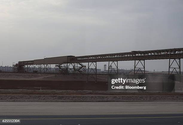 Large conveyor belt carries raw bauxite to the aluminium processing plant at the Ras Al Khair Industrial City, operated by the Saudi Arabian Mining...