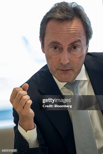 Fabrice Bregier, chief executive officer of the commercial aircraft unit at Airbus Group, looks on during a news conference as an A350-1000 twinjet...