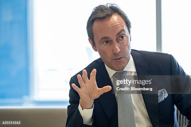 Fabrice Bregier, chief executive officer of the commercial aircraft unit at Airbus Group, gestures whilst speaking during a news conference as an...