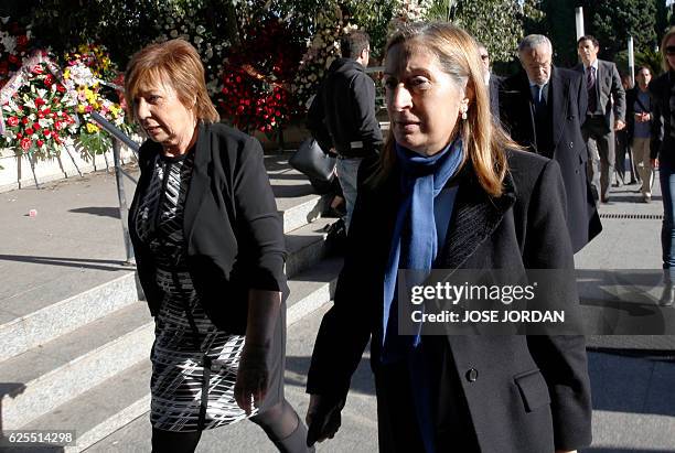 Spanish MP Celia Villalobos and president of the Spanish Parliament, Ana Pastor, arrive to attend the funerals for Spanish senator Rita Barbera in...