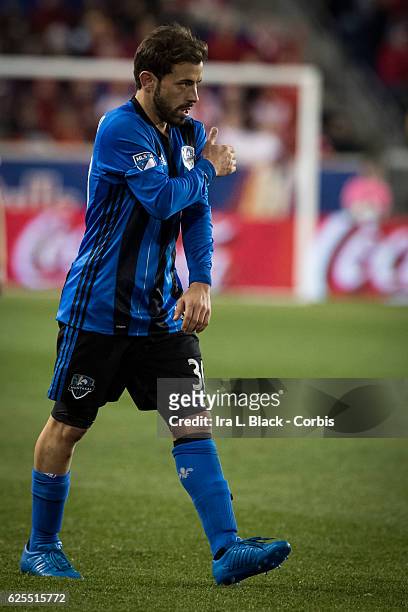 Midfielder Hernán Bernardello of the Montreal Impact drives for the goal during the second leg of the 2016 MLS Eastern Region Conference Semifinal...