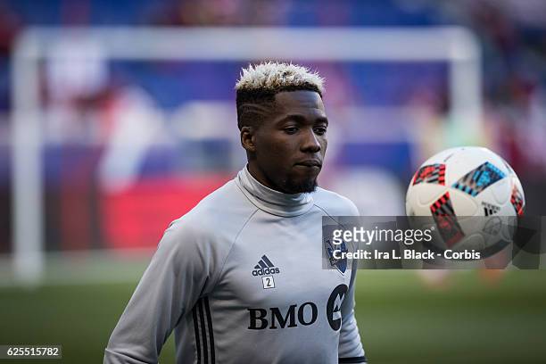 Ambroise Oyongo of the Montreal Impact during the second leg of the 2016 MLS Eastern Region Conference Semifinal match between the Montreal Impact...