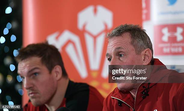 Wales coach Robert Howley and captain Gethin Jenkins faces the media during the Wales press conference ahead of their match against South Africa at...