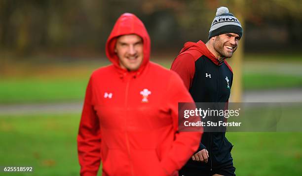 Wales players Jamie Roberts and captain Gethin Jenkins turn up ahead of Wales training ahead of their match against South Africa at the Vale on...