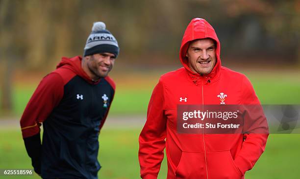 Wales players Jamie Roberts and captain Gethin Jenkins turn up ahead of Wales training ahead of their match against South Africa at the Vale on...