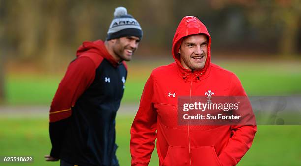 Wales players Jamie Roberts and captain Gethin Jenkins turn up ahead of Wales training ahead of their match against South Africa at the Vale on...