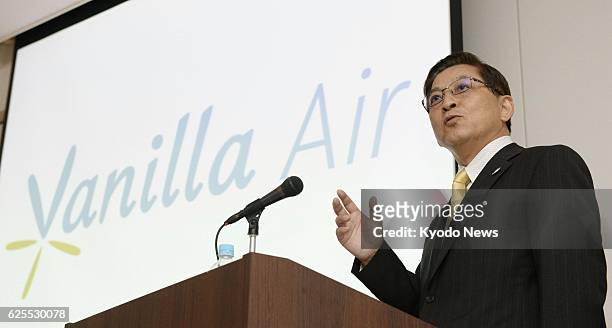Japan - Tomonori Ishii, president of AirAsia Japan, a low-cost carrier wholly owned by ANA Holdings Inc., tells a news conference in Tokyo on Aug. 20...