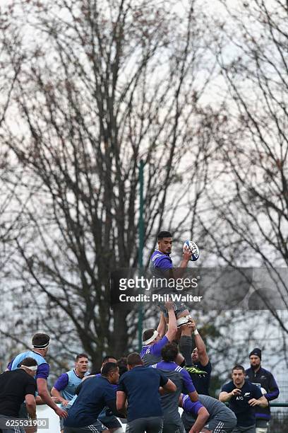 Jerome Kaino of the New Zealand All Blacks takes the ball in the lineout during a training session at the Suresnois Rugby Club on November 24, 2016...