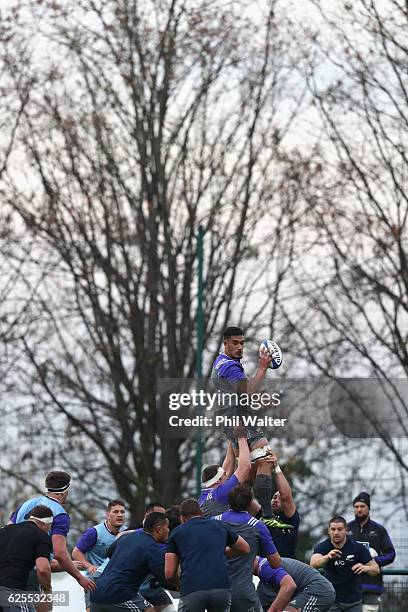 Jerome Kaino of the New Zealand All Blacks takes the ball in the lineout during a training session at the Suresnois Rugby Club on November 24, 2016...