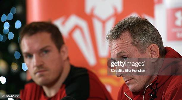 Wales coach Robert Howley and captain Gethin Jenkins faces the media during the Wales press conference ahead of their match against South Africa at...