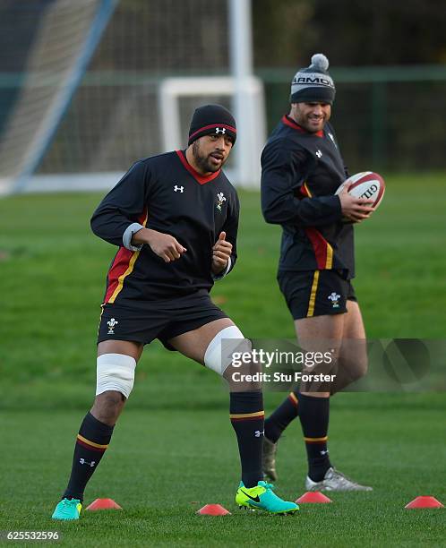 Wales players Jamie Roberts and Taulupe Faletau in action during Wales training ahead of their match against South Africa at the Vale on November 24,...