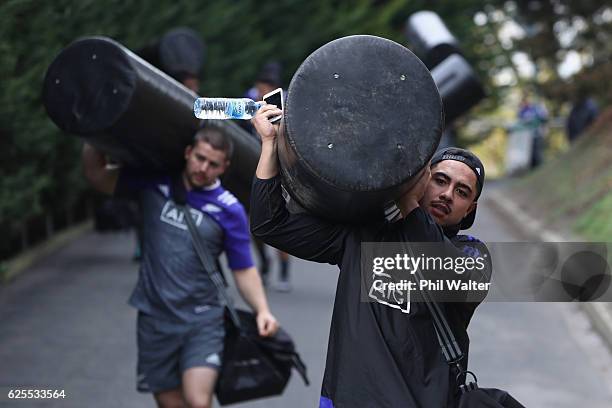 Anton Lienert-Brown of the New Zealand All Blacks arrives for a training session with the tackle bags at the Suresnois Rugby Club on November 24,...