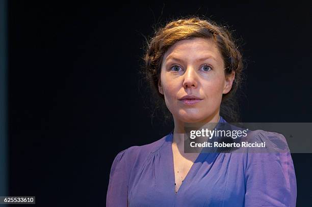 English artist Clara Drummond attends the press launch of the exhibition 'BP Portrait Awards 2016' at the Scottish National Portrait Gallery on...