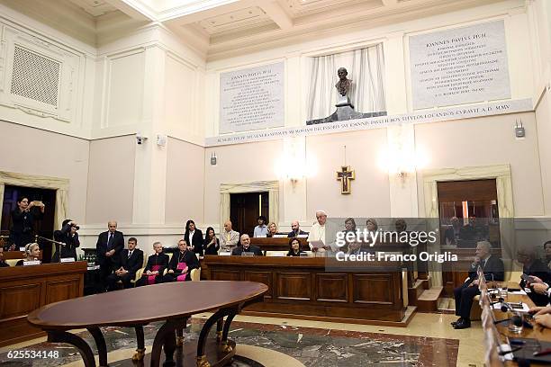 Pope Francis flanked by Queen Silvia of Sweden, holds hia speech during the 'Narcotics: Problems and Solutions of this Global Issue' seminar at the...