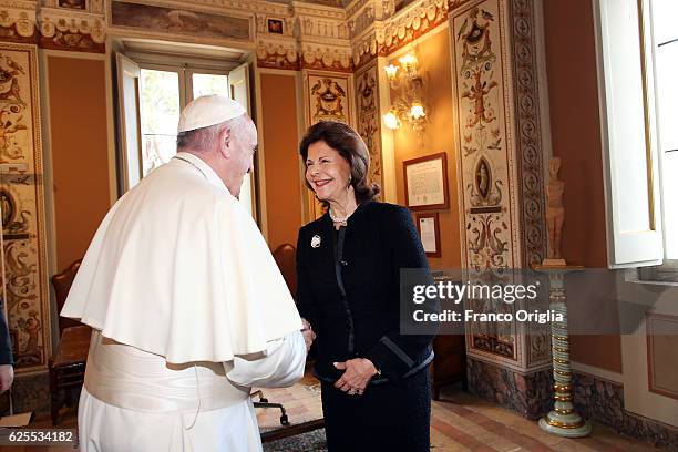 Pope Francis meets Queen Silvia of Sweden during a break of 'Narcotics: Problems and Solutions of this Global Issue' seminar at the Pontifical...