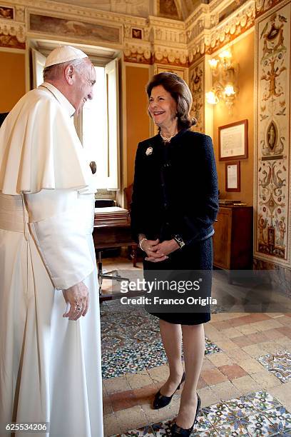 Pope Francis meets Queen Silvia of Sweden during a break of 'Narcotics: Problems and Solutions of this Global Issue' seminar at the Pontifical...