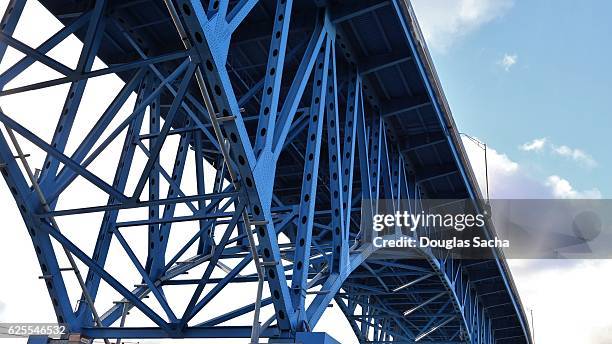 blue colored highway truss bridge, cleveland, ohio, u - girder stock-fotos und bilder