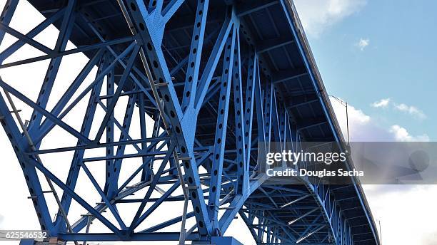 blue colored highway truss bridge, cleveland, ohio, u - metal catwalk stock pictures, royalty-free photos & images