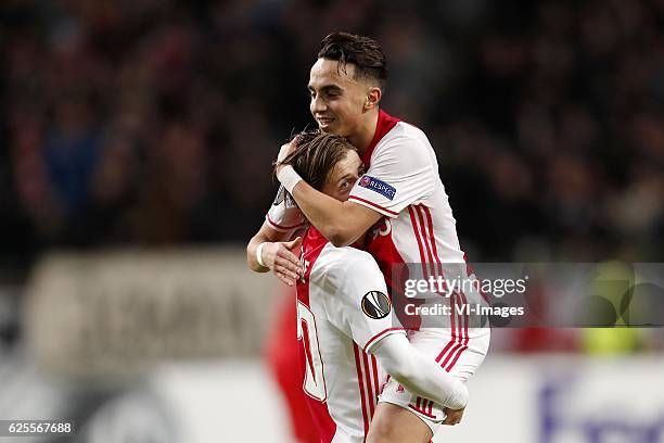 Lasse Schone of Ajax, Abdelhak Nouri of Ajaxduring the UEFA Europa League group G match between Ajax Amsterdam and Panathinaikos FC at the Amsterdam...