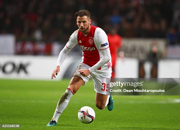 Mitchell Dijks of Ajax in action during the UEFA Europa League Group G match between AFC Ajax and Panathinaikos FC at Amsterdam Arena on November 24,...