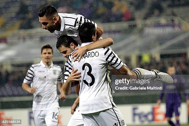 Yevhen Shakhov of PAOK FC celebrates after scoring a goal during the UEFA Europa League match between ACF Fiorentina and PAOK FC at Stadio Artemio...