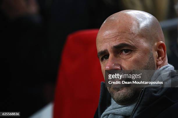 Peter Bosz manager of Ajax looks on prior to the UEFA Europa League Group G match between AFC Ajax and Panathinaikos FC at Amsterdam Arena on...