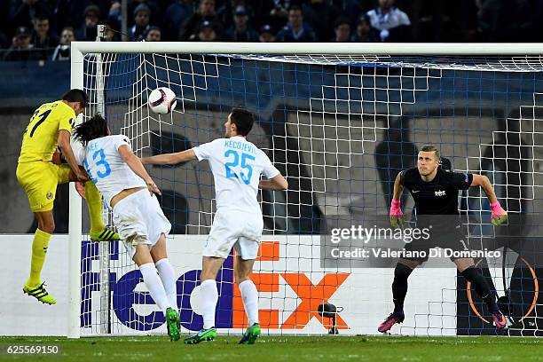 Bruno Soriano of Villareal scores his teams first goal past Alain Nef, Ivan Kecojevic and Andris Vanins of FC Zurich during the UEFA Europa League...