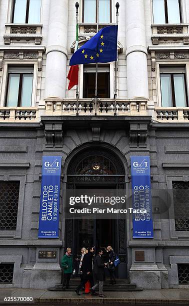 An external view of Gallerie D'Italia during the press preview of 'From Bellotto To Canaletto - Lo Stupore E La Luce' at Gallerie D'Italia on...